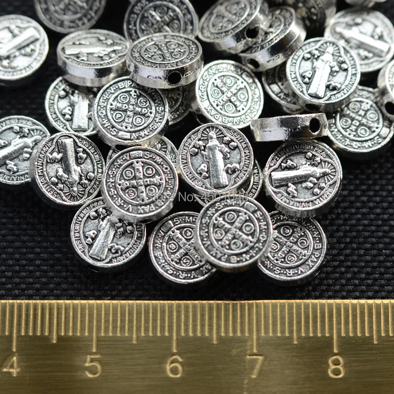 Catholic St Benedict Saint Beads metal Benedicti antique silver Bead Bracelet Accessories Religious Medallion 100pcs 10mm | Украшения и
