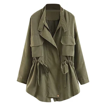 

New Autumn Women Coat Turn-down Collar Long Sleeve Solid Color Pocket Waisted Women Long Coat Casual Jackets Army Green