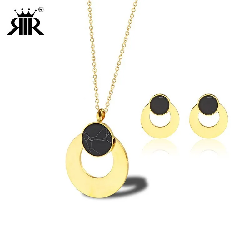 

RIR Elegant Bridal Jewelry Sets Celebrity Engagement Black Marble Silver Chain Round Earrings Circle Pendant Necklaces For Wife