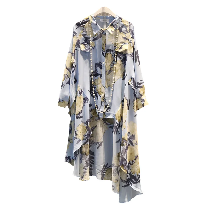 

[EWQ] 2019 Spring Summer New Lapel Long Sleeve Asymmetrical Patchwork Print Singel Breasted Casual Long Shirt Women AD488