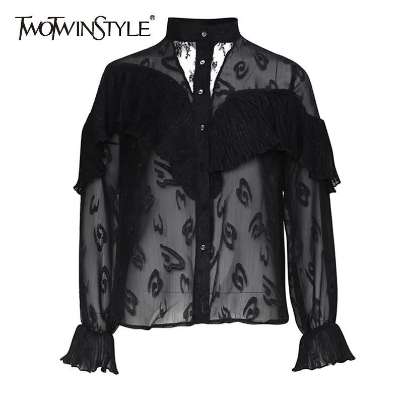 

TWOTWINSTYLE Perspective Sexy Women Shirt Lace Patchwork Long Sleeve Stand Collar Female Blouse Casual Spring Fashion 2019