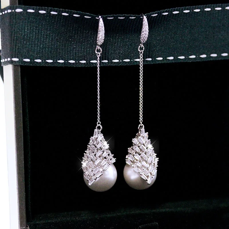 

Gorgeous All-Purpose Style eye-catching Simulated Pearl Long Drop earrings Cubic Zirconia stone Encrusted Women Wedding Party