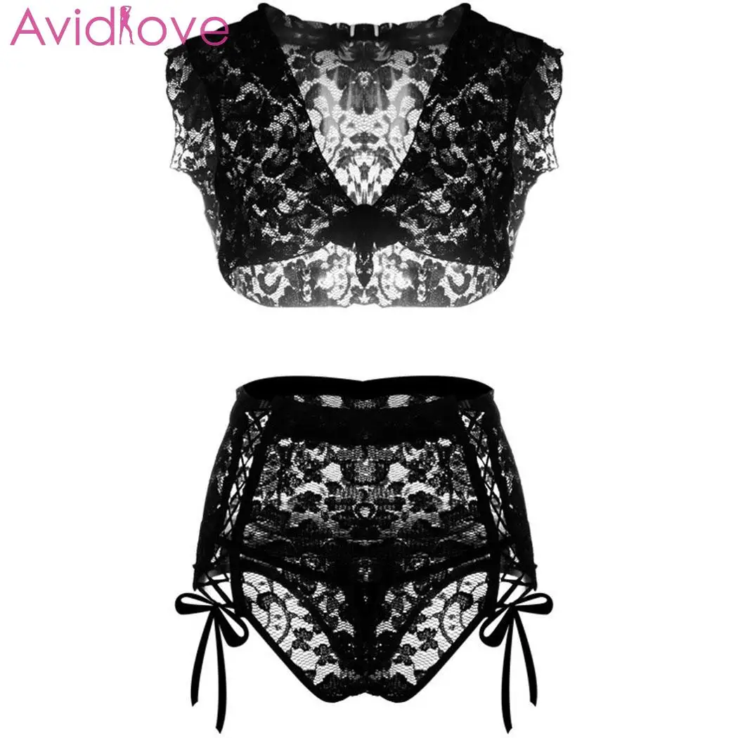 

Avidlove Sexy Lingerie Woman's Pajamas Sleepwear Women Sexy Lace Floral Lace Up Lingerie Top Panties Set Nightwear