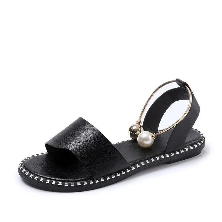

Four Seasons Sandals Female Summer 2018 New Style Open Toe Simple Flat Rome Sandals Female Pearl Closure Students Shoes