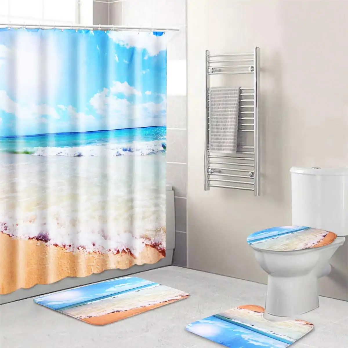 

Bathroom Ocean Sea Beach Waterproof Shower Curtain Pedestal Rug Lid Toilet Cover Bath Mat Set Home Decor Carpet w/12 10 Hooks