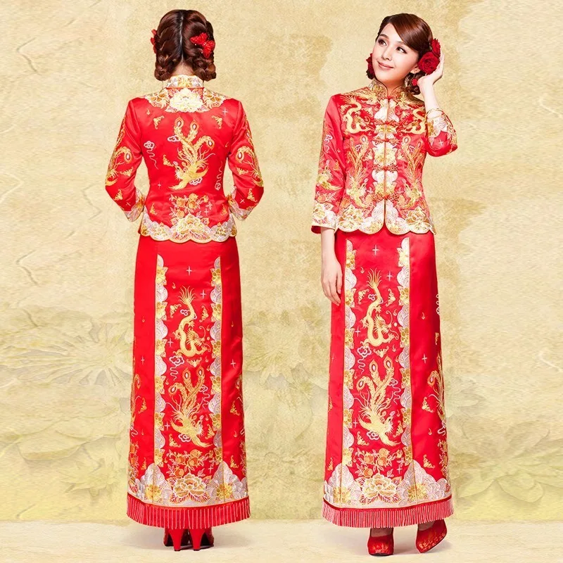 Платье с драконом Китайский традиционный костюм для женщин феникс атласный китайский женский халат Свадебные платья приталенный