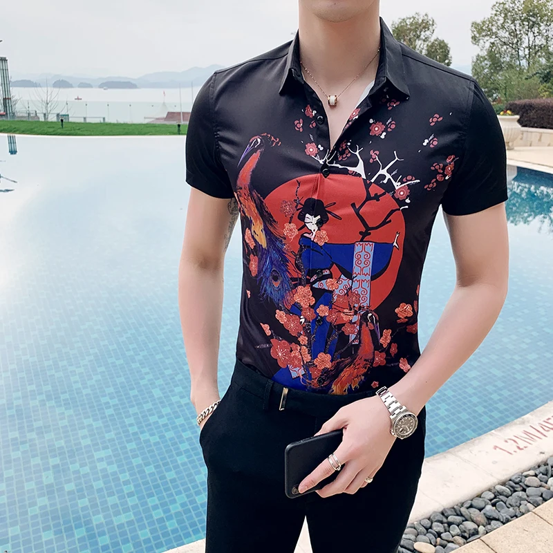 Повседневный уличный с короткими рукавами отложной воротник Slim Fit рубашки для