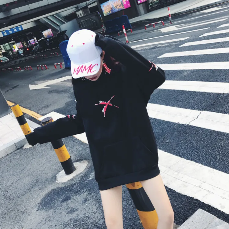 Модные женские новые корейские K Pop толстовки Harajuku Oversize характер печатных твердые