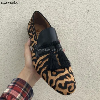 

SHOOEGLE Smoking Shoes Men Leopard Print Loafers Patchwork Fringed Flats Horsehair Pattern Shoes Slip On Casual Shoes Men 2019