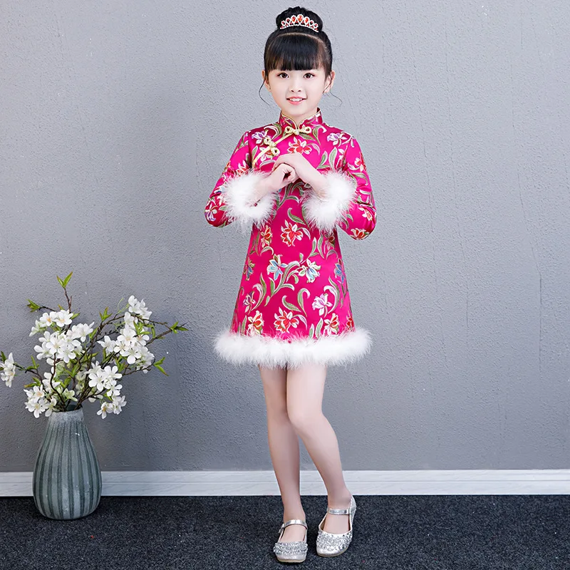 Атласное платье Чонсам с длинными рукавами для девочек; Детский костюм в китайском стиле; Новогоднее платье для маленьких девочек; Повседневное платье принцессы Ципао