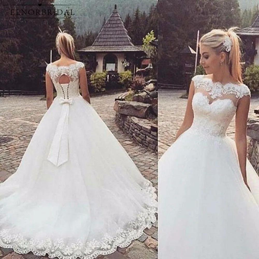 

Beach Tulle Ball Gown Wedding Dresses 2019 Gelinlik Corset Back Sheer Lace Handmade Bridal Gowns Robe De Mariee
