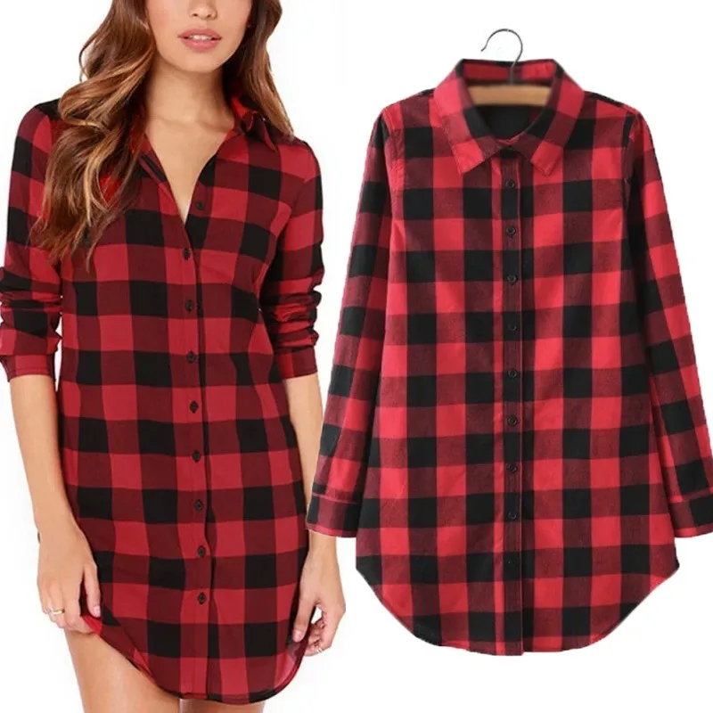 

Women Plaid Blouses Shirts Zanzea 2019 Casual Turn-down Collar Top Single Breasted Long Tops Loose Button Shirt Blusas Plus Size