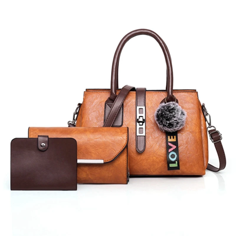 

3 Sets Totes Women Handbags With Hairball Fashion Pu Leather Designer Women Bag Brand Casual Composite Women's Shoulder Bag