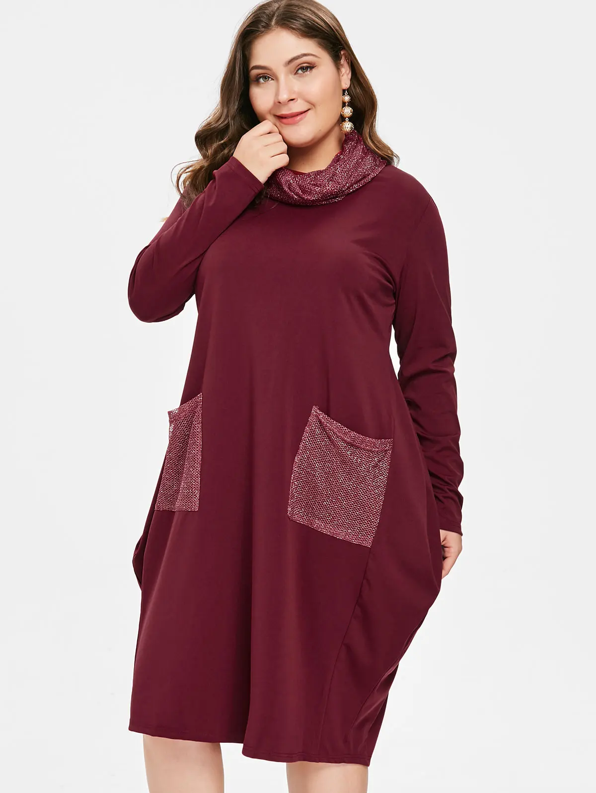 

Sovalro Plus Size Mesh Front Pockets Knee Length Dress With Scarf O Neck Long Sleeve Irregular Design Women Dresses XL-6XL