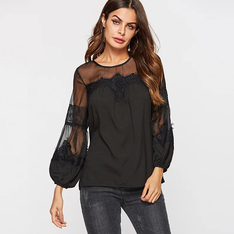 

Sexy Black Women T Shirt Long Fashion See Through Full Drop Sleeve O-Neck Cheap Ladies Spring Summer T Shirt 2019 Camiseta Mujer