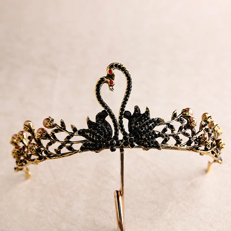 

Retro Baroque Bride Headwear Vintage Bronze Black Rhinestone Swan Crown Bridal Hair Hoop Wedding Accessories