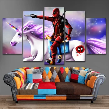

5 Pieces Movie Deadpool Character And Unicorn Poster Modern Wall Art Decorative Framework Canvas Print Paintings Modular Picture