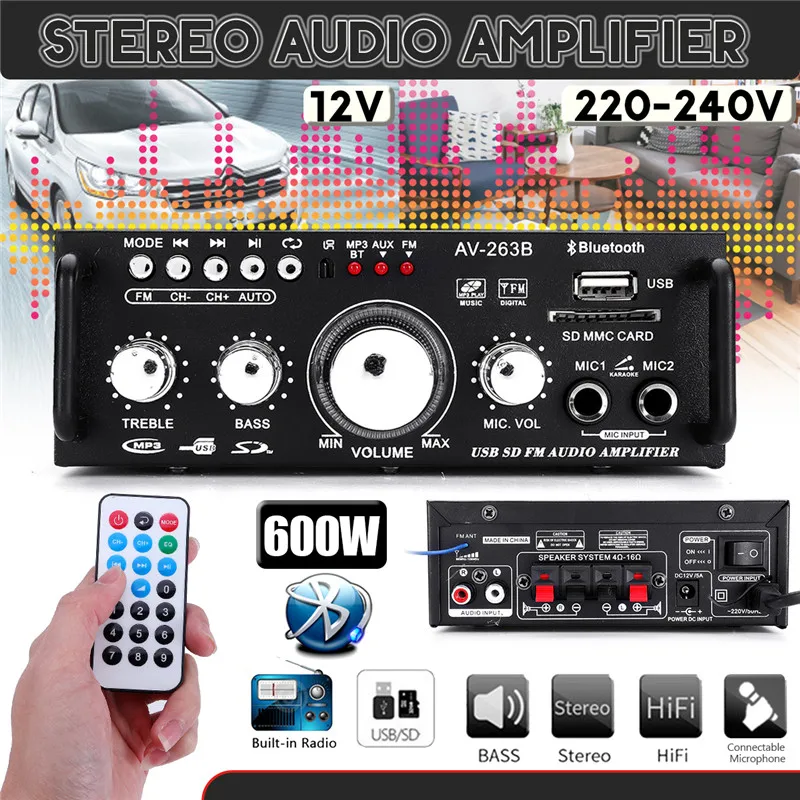 

220-240V 600W 2CH HiFi Digital Audio Amplifier 4-16Not Support/Support Bluetooth Stereo Karaoke Amplifier FM Radio