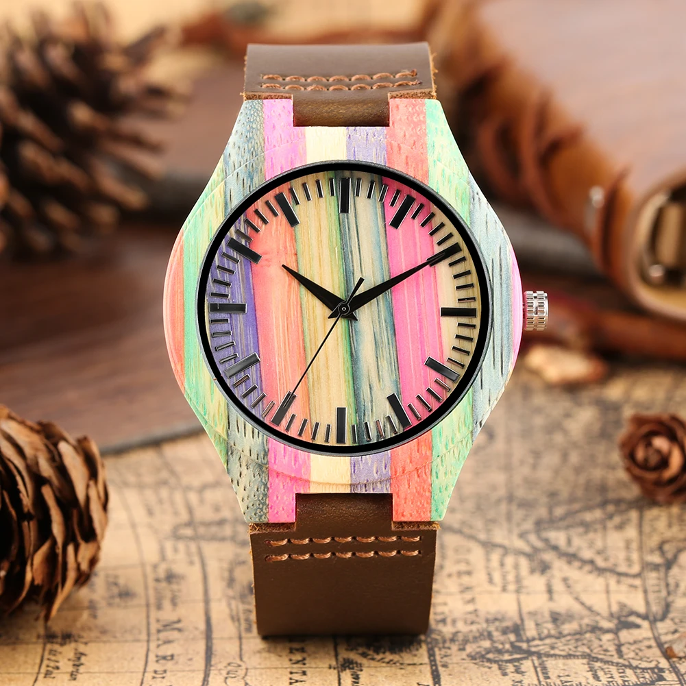 

Colorful Stripe Bamboo Watch Coffee Leather Band Quartz Wood Watches Light Weight Male Timepieces Clock Relogio Feminino