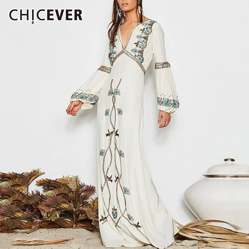 

CHICEVER Spring Embroidery Floral Women Dress V Neck Flare Sleeve High Waist Slim A-line Floor-length Dresses Female 2019 New