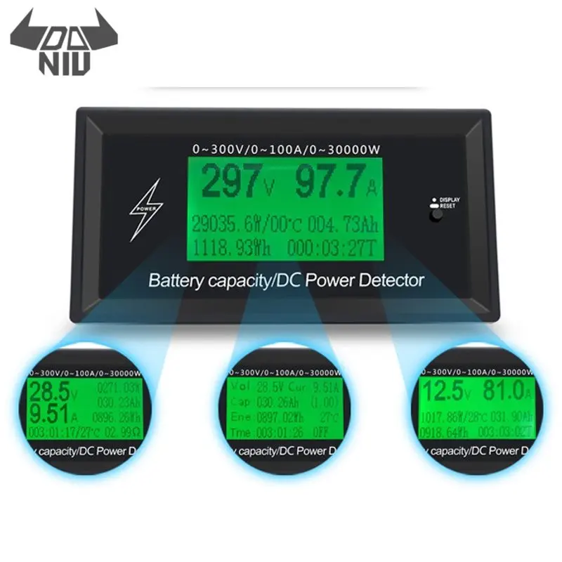 

DANIU 100A 300V DC Energy Meter Energy Monitoring 8 in 1 Measurement Voltage+Current+Power+Battery+Impedance+Temperature+Time