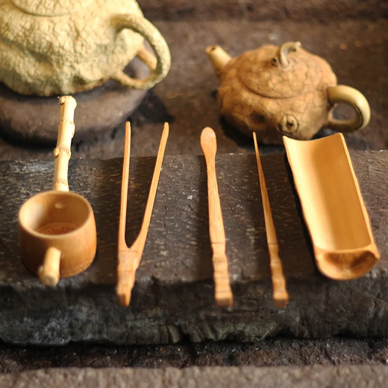 Natural Bamboo 5 Pcs Puer Tea Tools Accessories Teaware Set Include Needle Spoon Clip Tea Strainer Infurse Vintage Handmade
