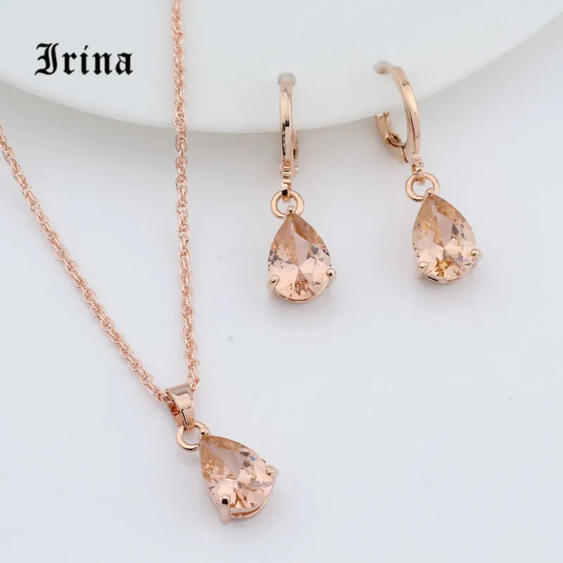 Irina 1Set Rose Gold Color AAA Oval Cut cubic zirconia Charming necklace Cute pendant drop earrings jewelry set
