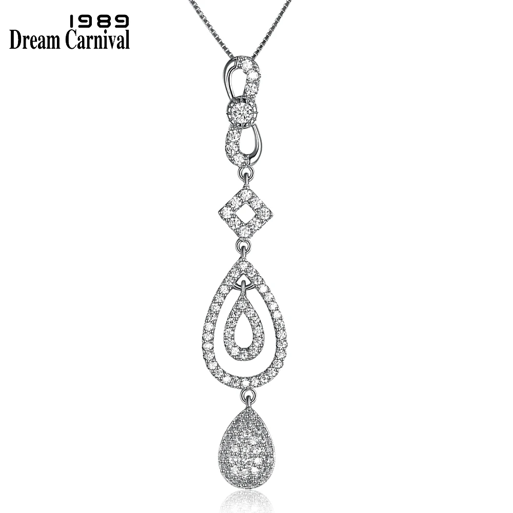 

DreamCarnival 1989 Long Design Water Drop Pendant Love Gift Clear Cubic Zirconia Stone White 925 Silver Chain Necklaces SZ08487R