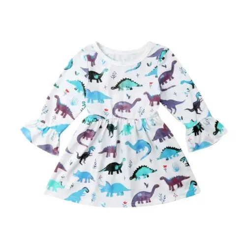 

1-6Years Toddler Kids Baby Girls Long Sleeve Floral Dinosaur Printed Dresses
