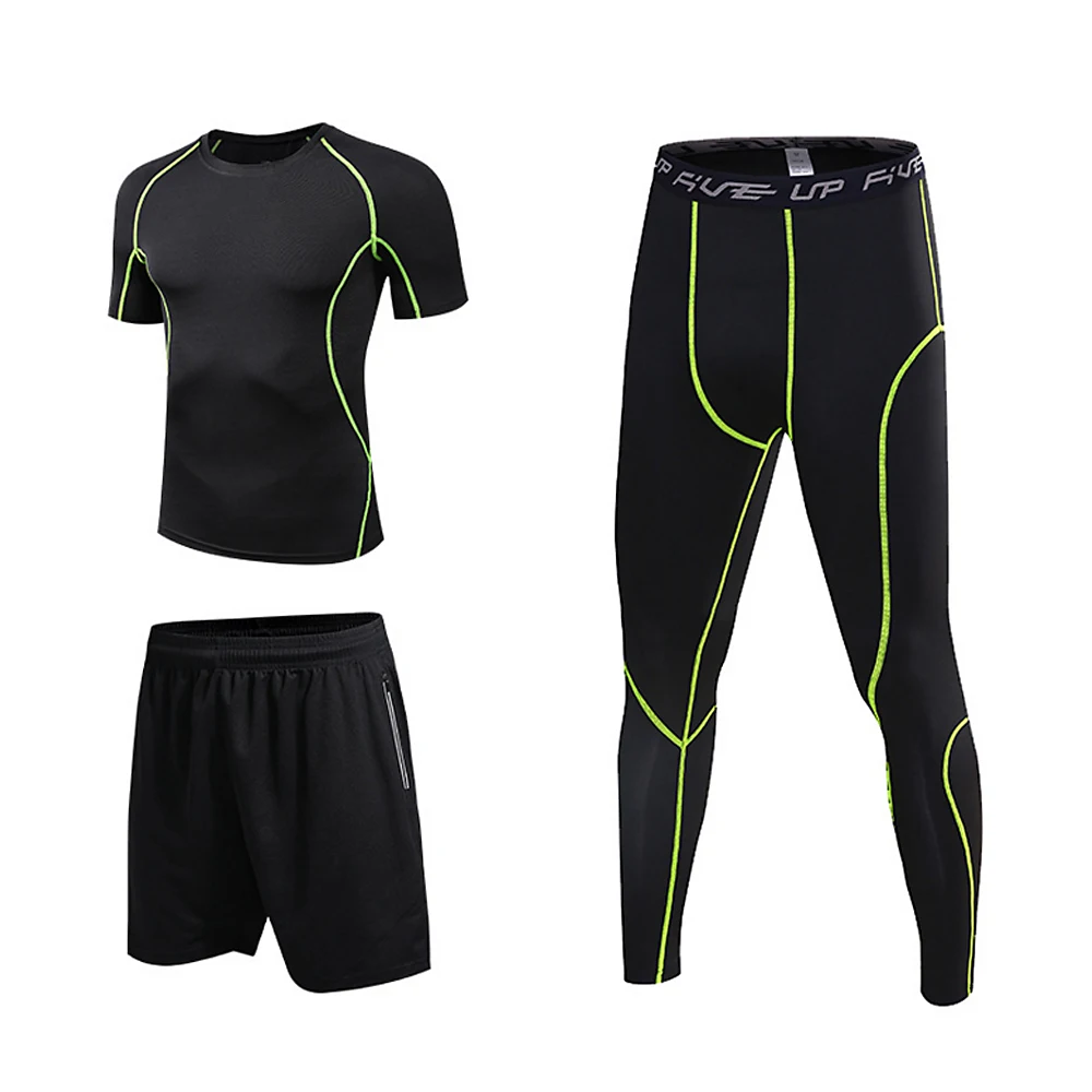 

Men Compression Sports Set 3 Pack with Compression T-shirt Loose Fitting Shorts Tight Leggings Pants For Running Cycling Yoga