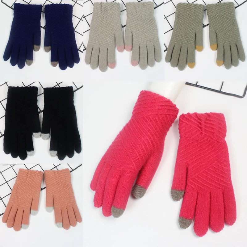 

Golves Winter Woolen Soft Stripe Comfortable Winter Knitted Touch Screen Mittens 1Pair Full Finger Free Size Seaside Keep Warm