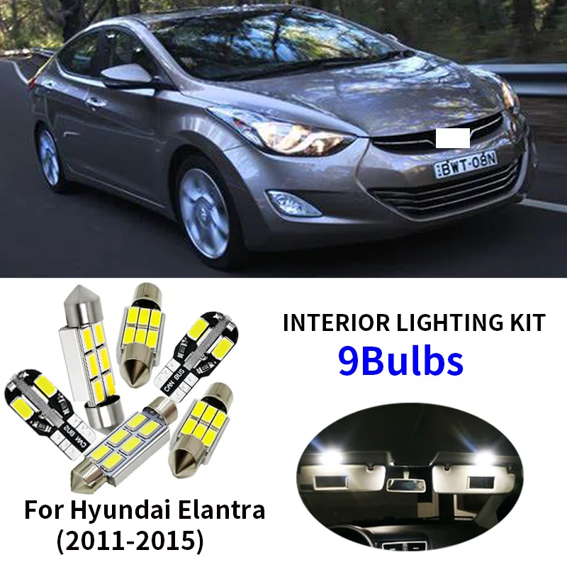 

9pcs LED License plate lamp + interior lights kit package for 2011-2015 Hyundai Elantra Dome Map Trunk Cargo area light Lamps