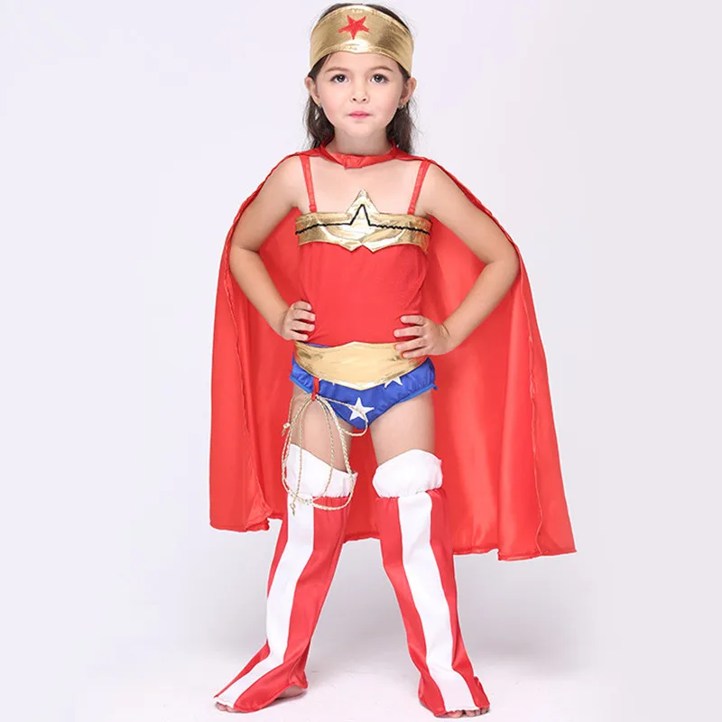 Детский красный костюм для костюмированной вечеринки «чудо-женщина»; комплект из 5 предметов для девочек с принтом Дианы и принца; Детские карнавальные вечерние костюмы Superhaero