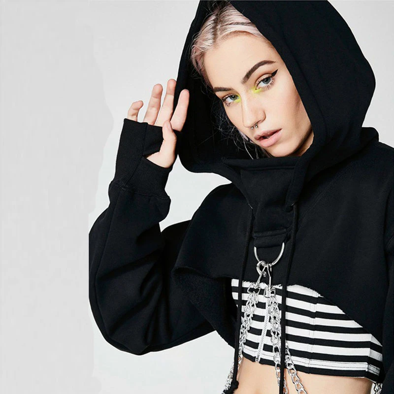 Womens Gothic Punk Plain Hoodies Girls Casual Crop Top Pullover Personality Hooded Sweatshirt Chain Decoration Jumper Hoodies Womens Gothic Punk Plain Hoodies Girls Casual Crop Top Pullover Personality Hooded Sweatshirt Chain Decoration Jumper Hoodies