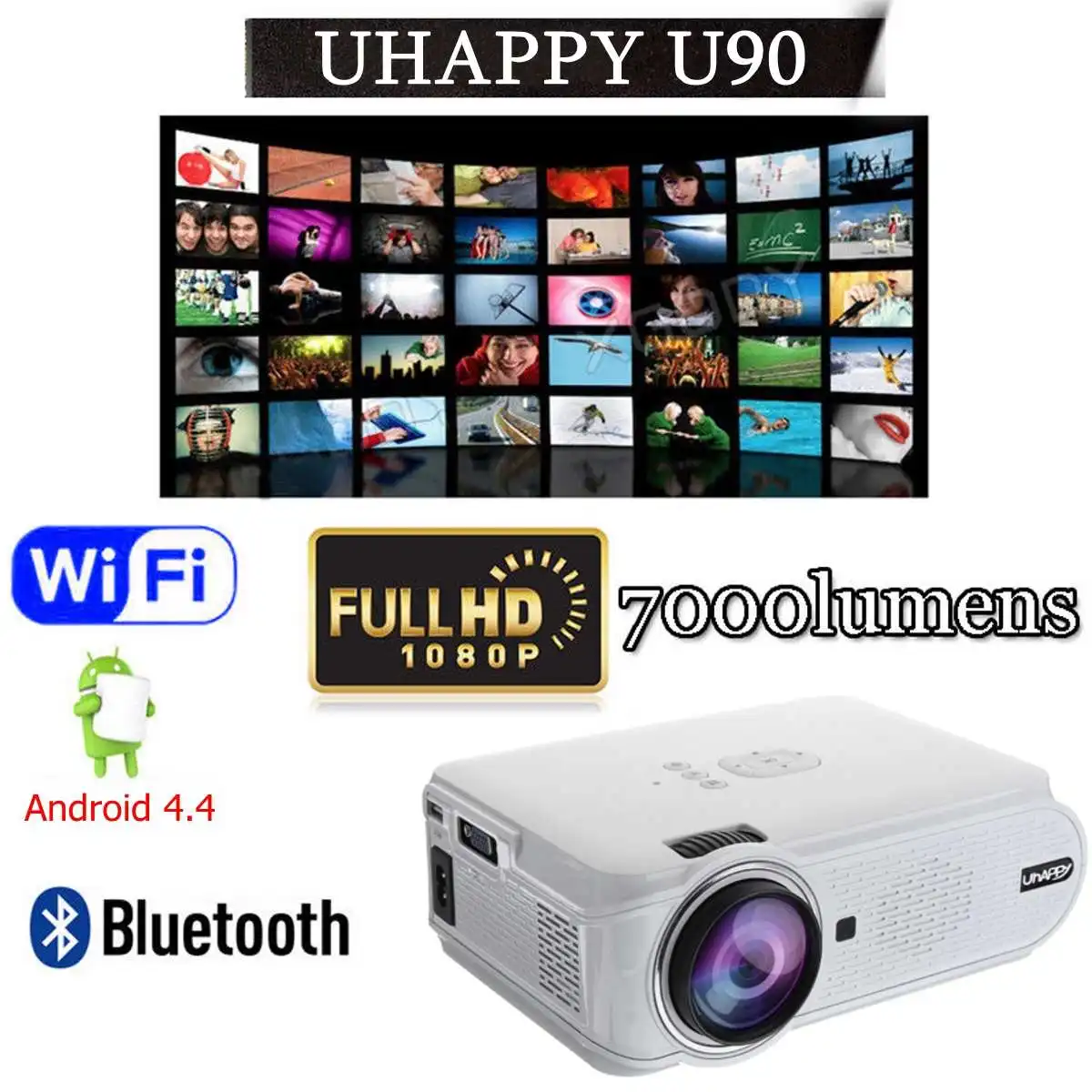 U90 7000 Lumens 1080P HD White Portable Projector Android 4.4 3D LED Home Theater Cinema