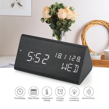 

Triangular Wooden Led Digital Sound Control Alarm Clock Usb/battery Powered Dimmer Thermometer Clock 3 Alarms Weekday Alarm