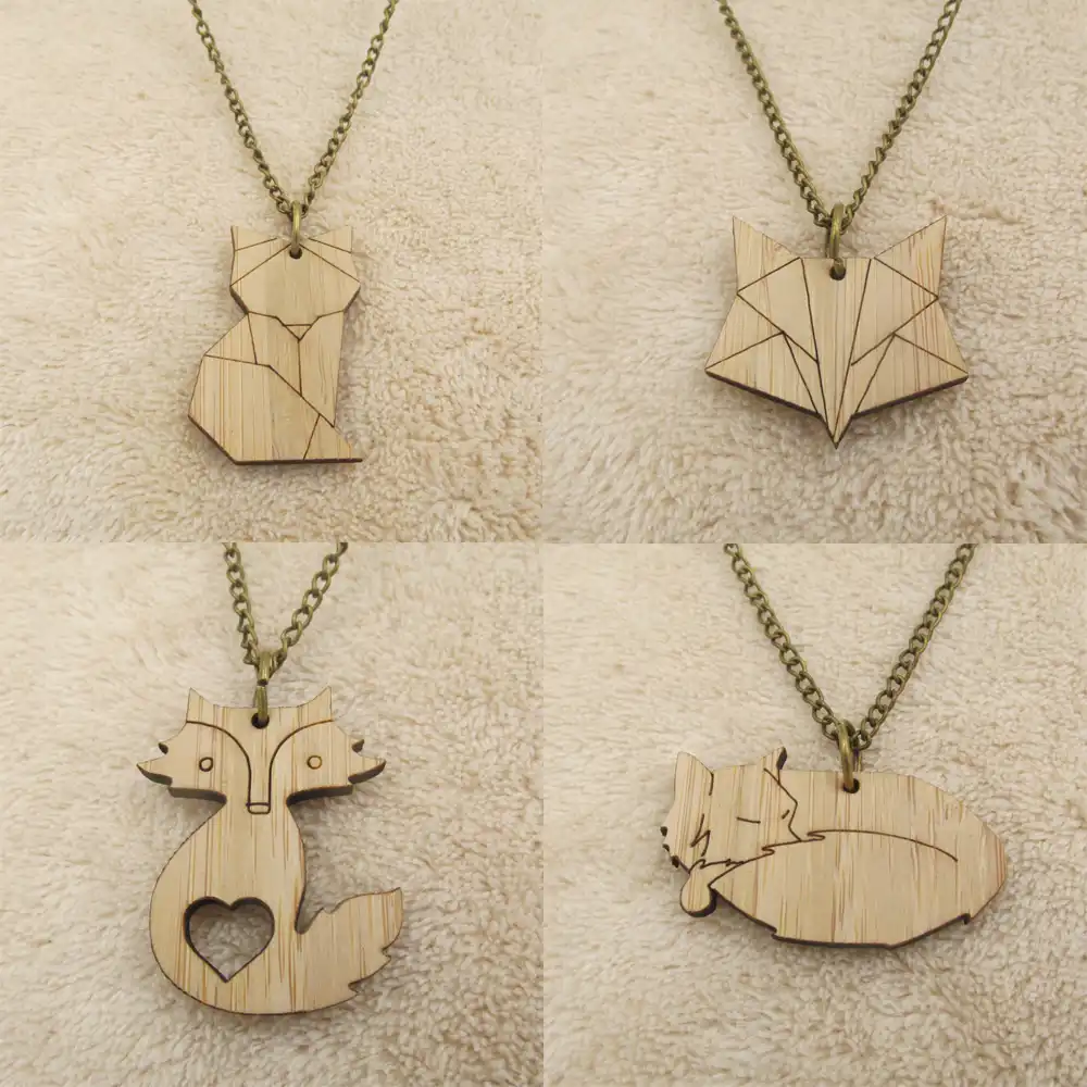 Laser Memotong Kayu Fox Kalung Kayu Bambu Origami Rubah Liontin