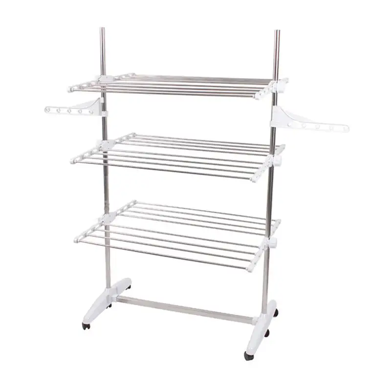 

OUNONA Folding Drying Dryer Rack Hangers 3 Layers Clothes Laundry with Wheels Cloth Shoes Hanger