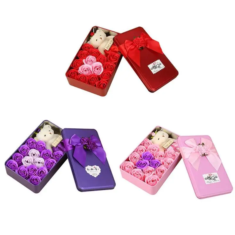 

15pcs/Box Rose Flower Bath Scented Soap Bear Doll Iron Box Valentine Gift