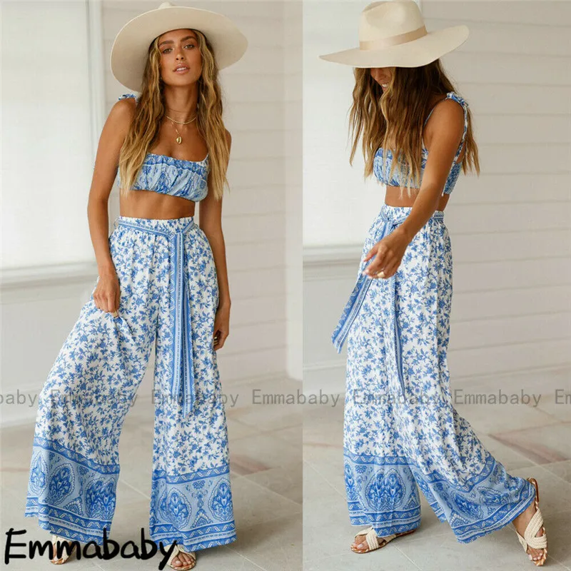 Women 2 Piece Outfit Set Summer Boho Crop Tops Long Pants Set Sleeveless Casual Loose Print Clothes Set