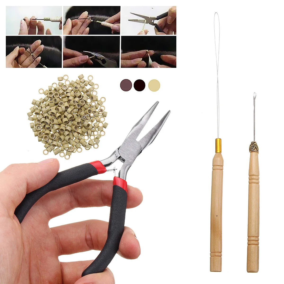 

Hair Extension Pliers Hook Tool Kit For Micro Rings Loop + 500Pcs Silicone Beads Dark Brown/Light Brown/Beige Easy to Attach
