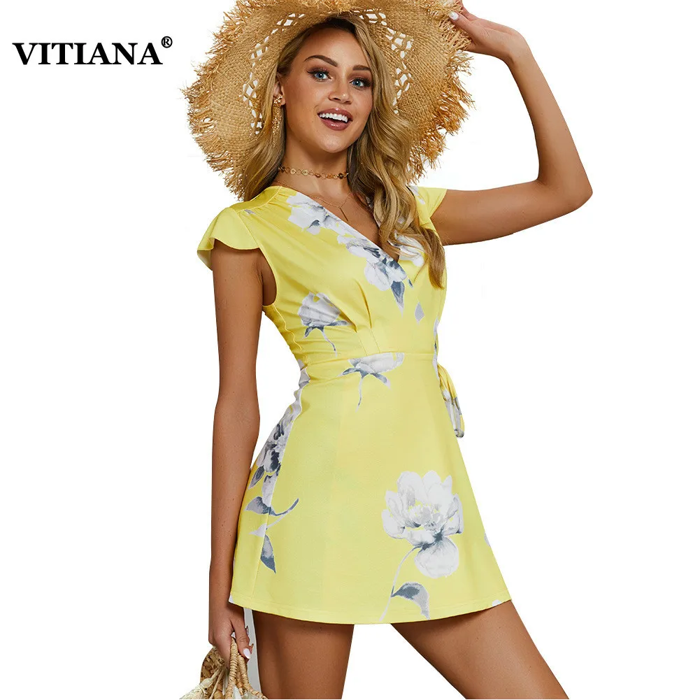 

VITIANA Women Bohemian Beach Dress Summer 2019 Female V Neck Short Sleeve Printing Flower Party Mini Dresses Casual Vestidos