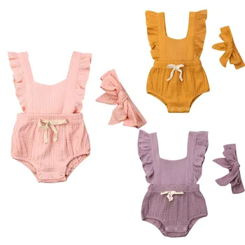 

Summer Newborn Baby Girl Ruffles Sleeveless Backless Solid Color Cotton Romper Jumpsuit Headband 2PCS Outfits Sunsuit Clothes