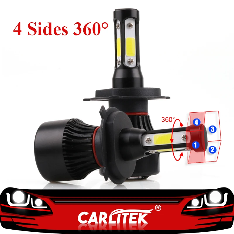 

CARLitek Led H4 100W 10000LM Car Headlight Hi/Lo Beam with COB Chip 9003 HB2 Auto Bulb Kits Fog Lights 6500K 4 Sides 360 Degree