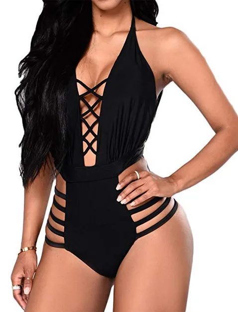 

Bikini 2019 Swimming Suit for Women High Waisted Swimsuit Sexy Black Solid Swimwear Bandage Bikini Set Monokini Bathing Suit