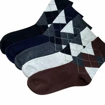 

MISSKY 5 Pairs Men Stylish Mid-Calf Socks with Large Rhombic Pattern Casual Socks Gift