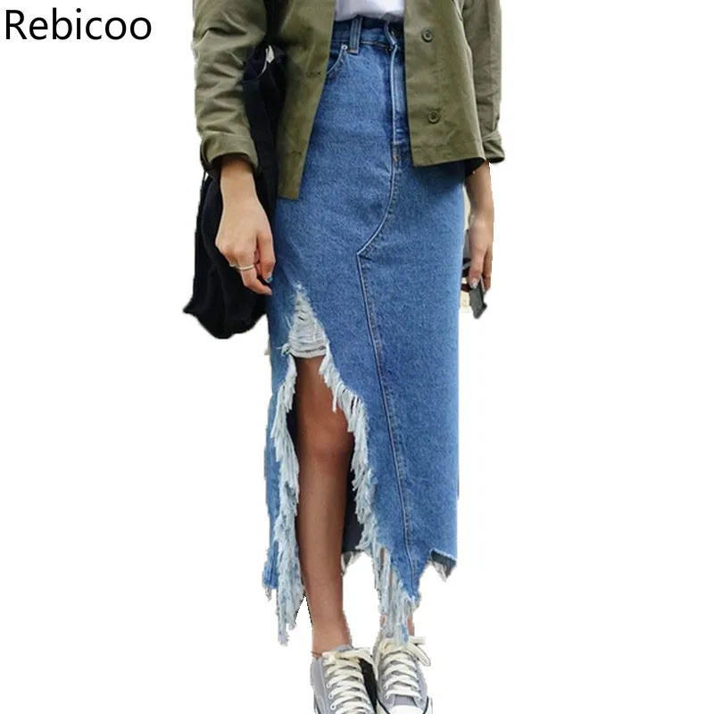 

Asymmetrical Long Maxi Skirts For Women Summer Apparel 2019 Streetwear Style Tassel Jupe Jean Femme Casual Split Rokken