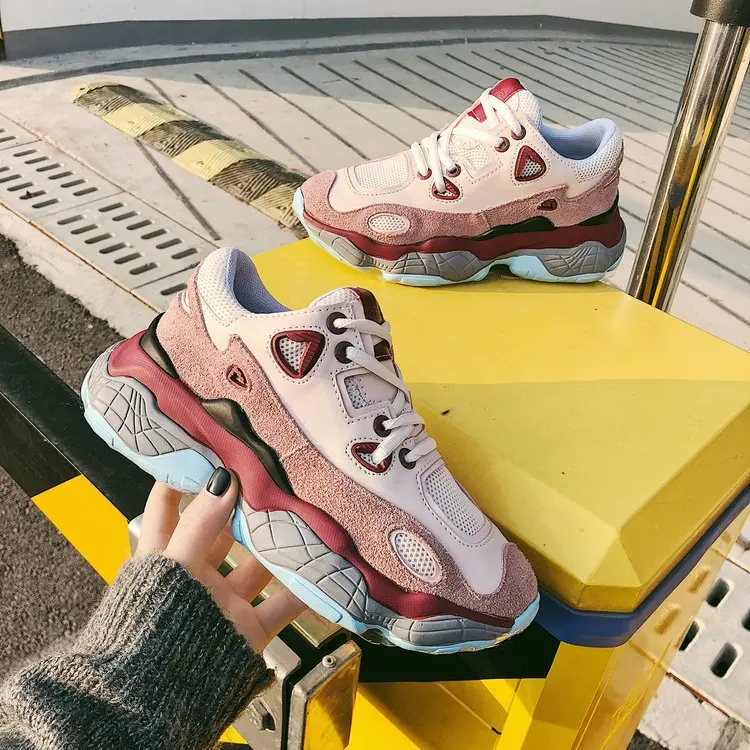 

SWYIVY Women Sneakers Shoes Platform 2019 Spring New Shoes Casual Female Chunky Heels Sneakers Pink/white Sneaker For Women 40