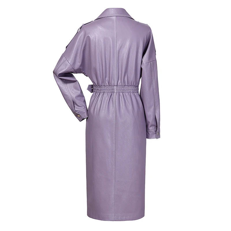 [EAM] 2019 Spring Woman Purple Color Long Sleeve Turn-down Collar Adjustable Waist Long High Waist PU Leather Caot LD856