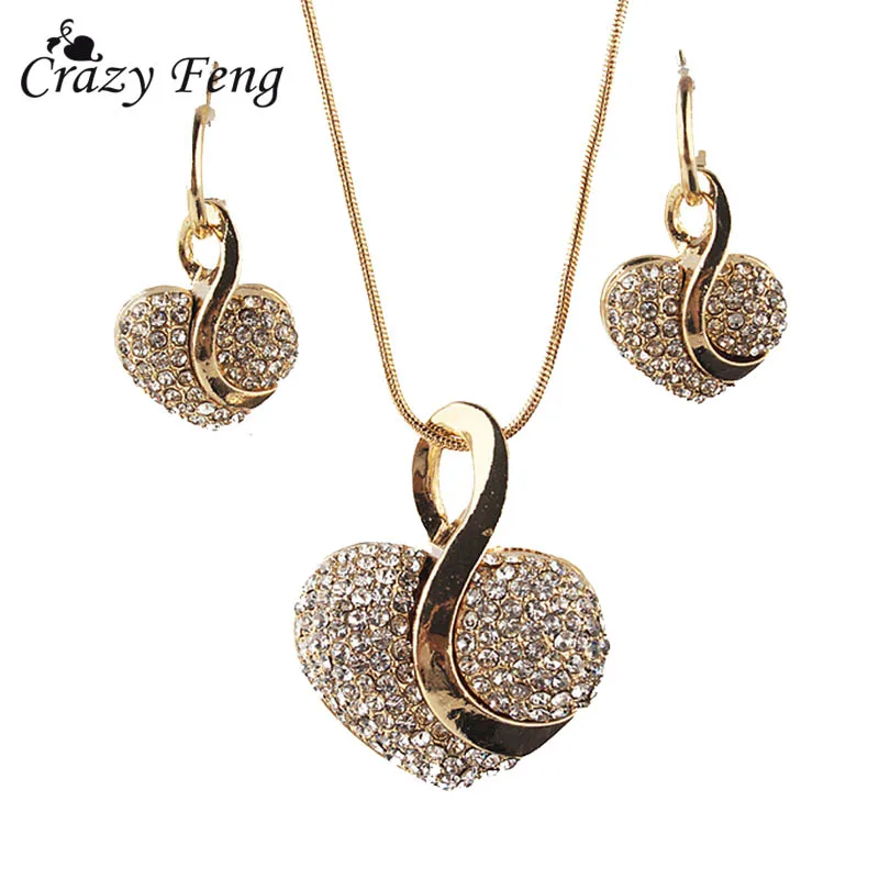 

Big Promotion New Gold-color Heart Clear Austrian Crystal Pendant Chain Necklace Earrings For Women Jewelry Set Free Shipping